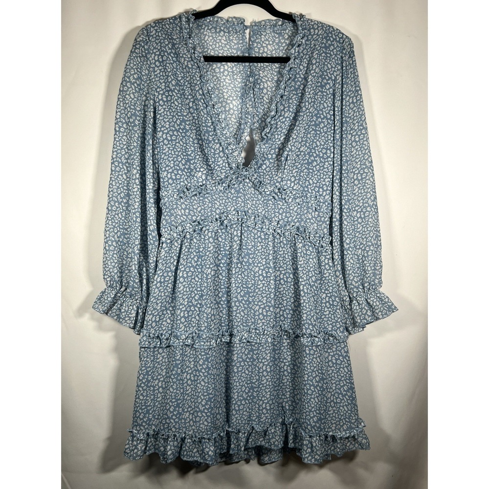 Women's Long Sleeve Floral Feminine V-Neck Open Back Dress Size M Blue Spring